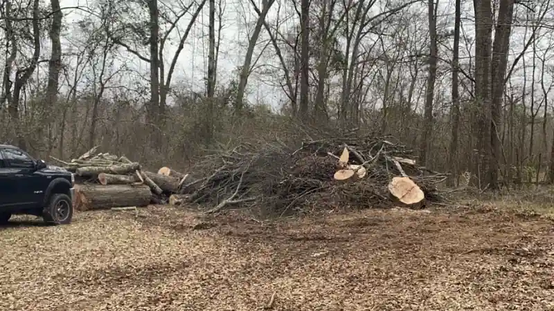 A cleared wooded lot with a brush pile and cut rounds, a truck parked at the edge