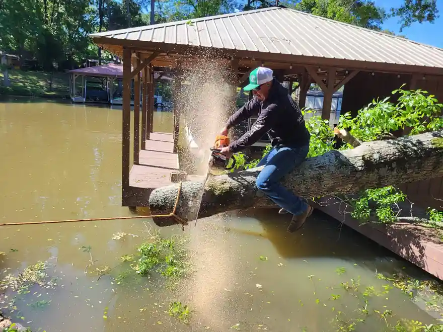 A crew member sitting astride a fallen trunk over flood water, sawdust flying as he cuts, beside a lakeside pavilion