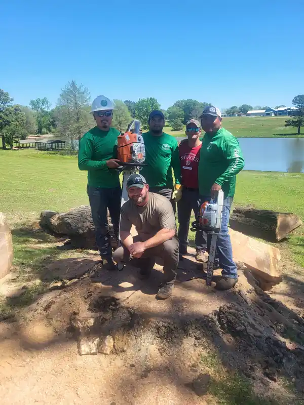 Five crew members in green shirts and helmets standing with chainsaws on a fresh stump beside a pond